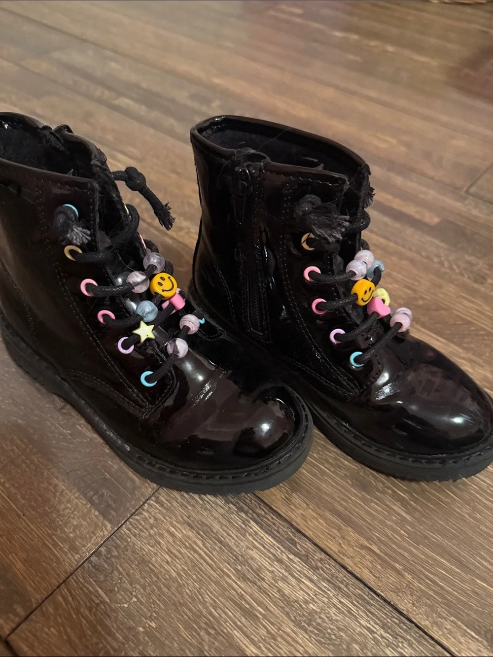 3 for $15 - Kids Black Patent Lace-Up Boots with Colorful Bead Accents